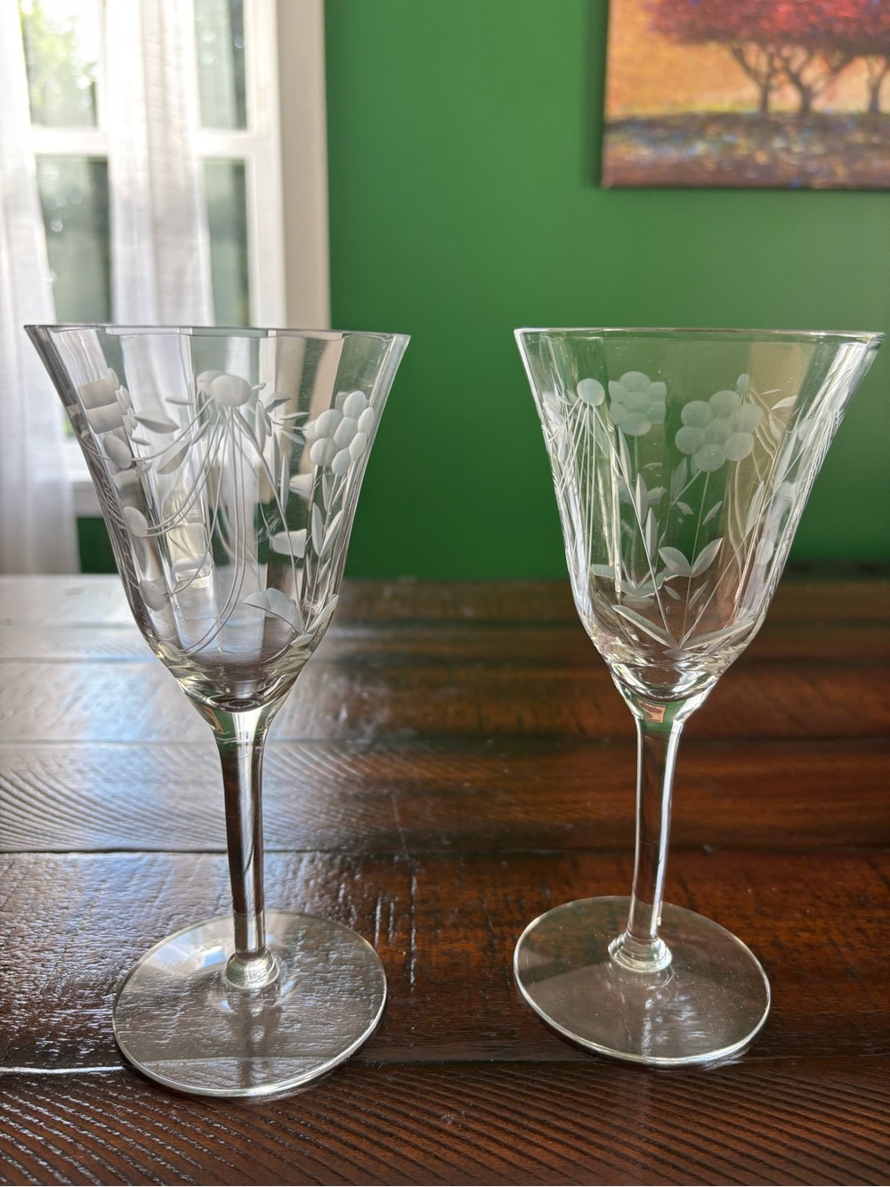Crystal Etched Floral Wine Glasses - Clear (Pair)